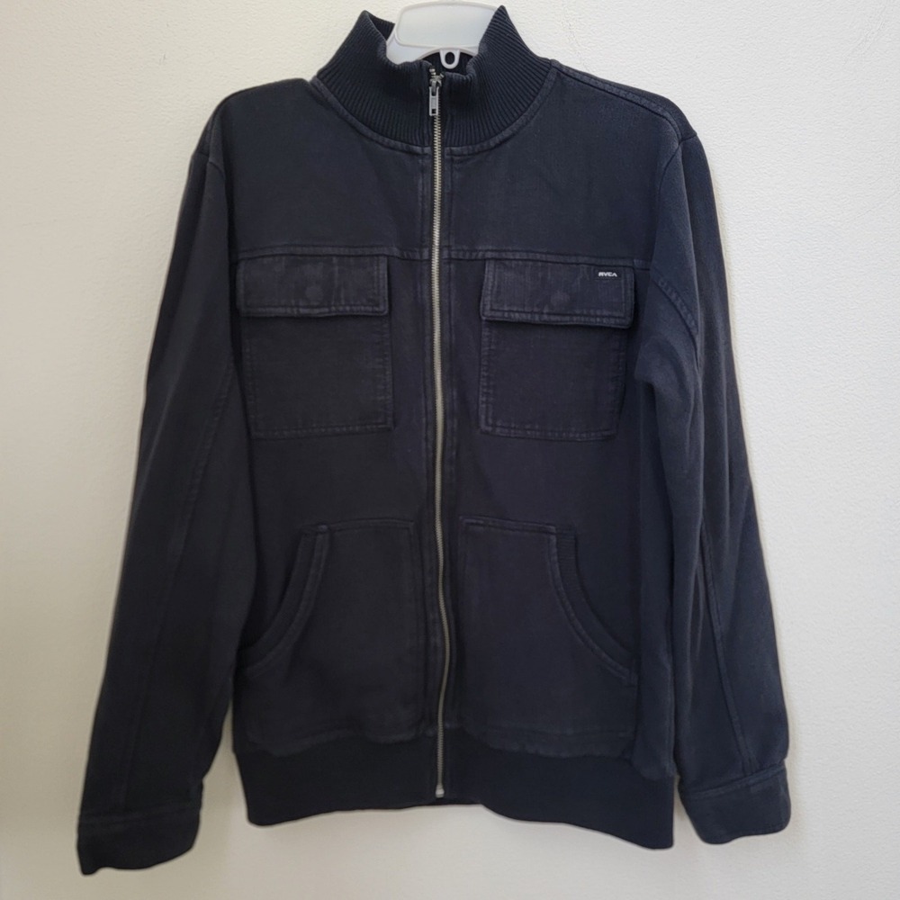RVCA Full Zip Bomber Aviator Jacket Black Sz Large Pockets Ribbed‎ Collar Cotton